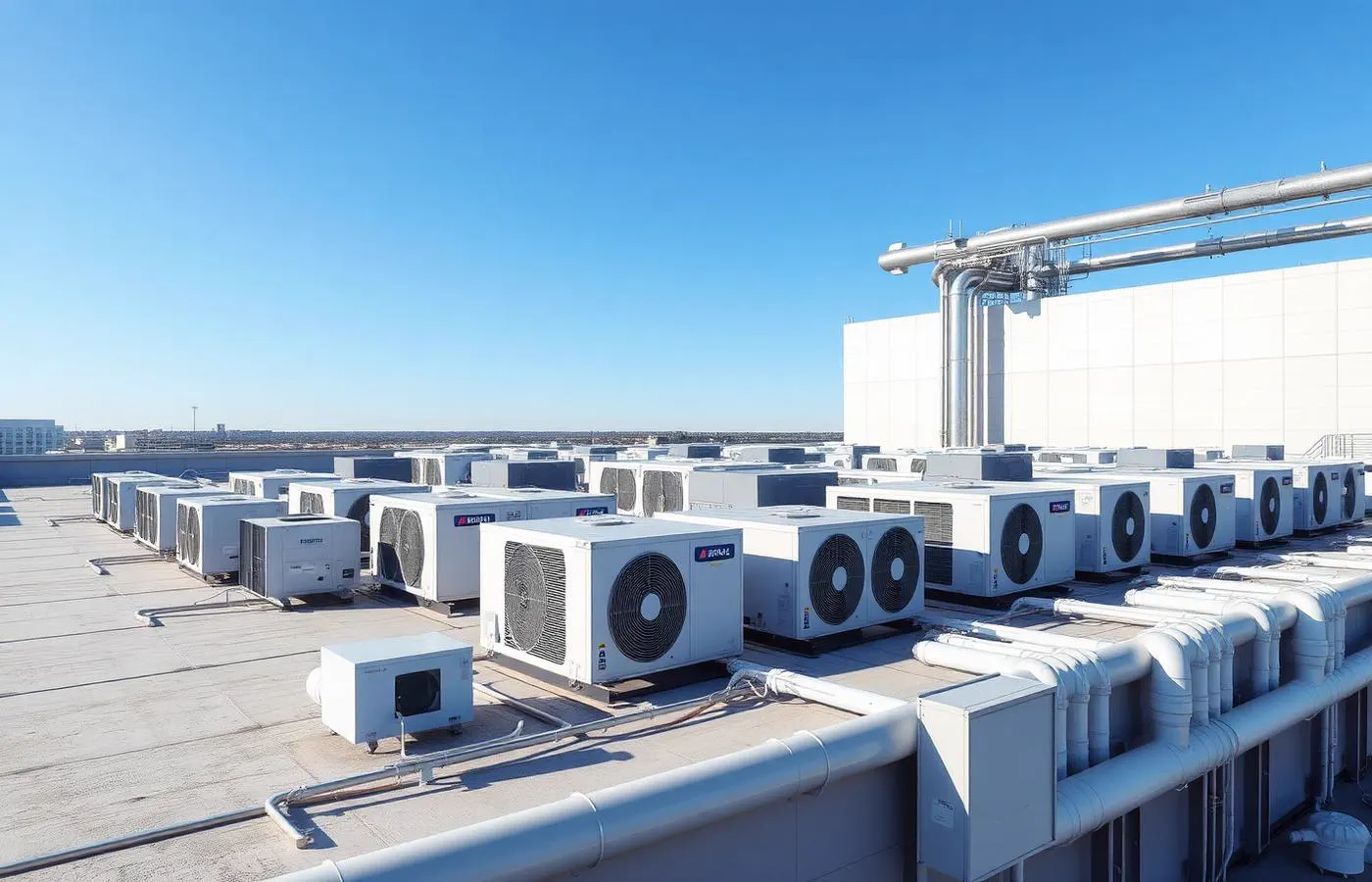 Illustrative image of rooftop commercial HVAC plant on a large building
