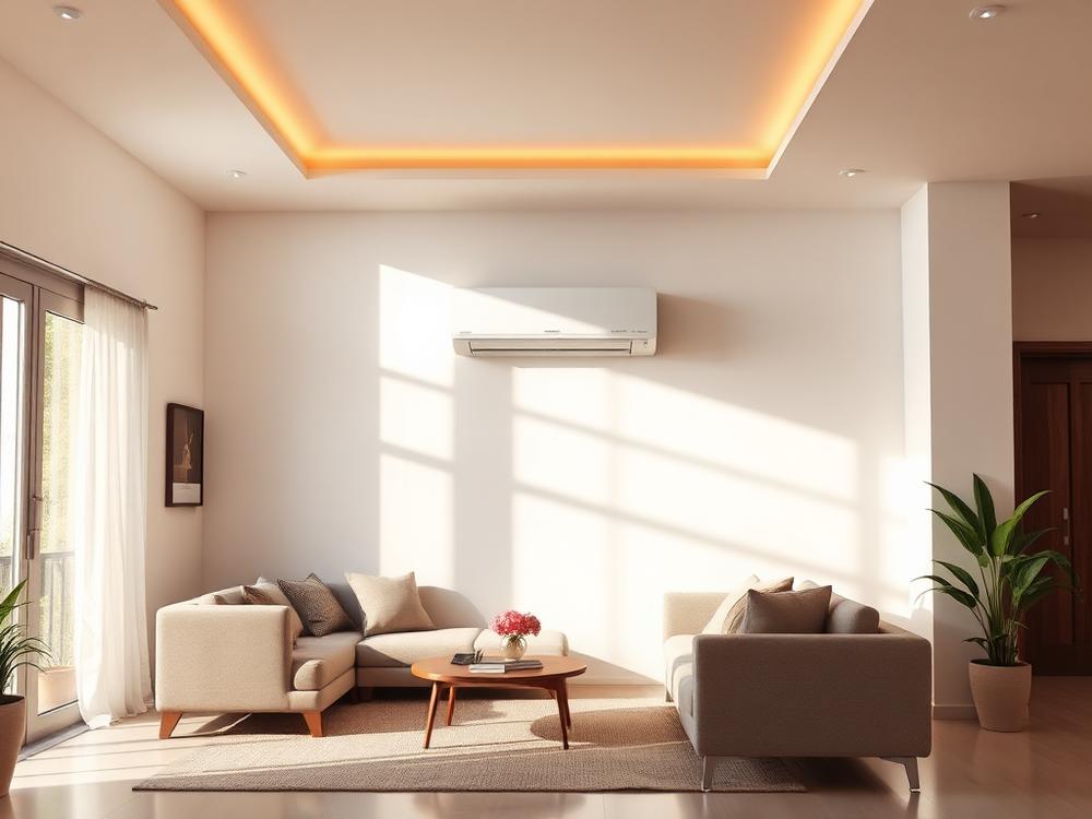 Illustrative image of a wall-mounted split air conditioner in a modern living room