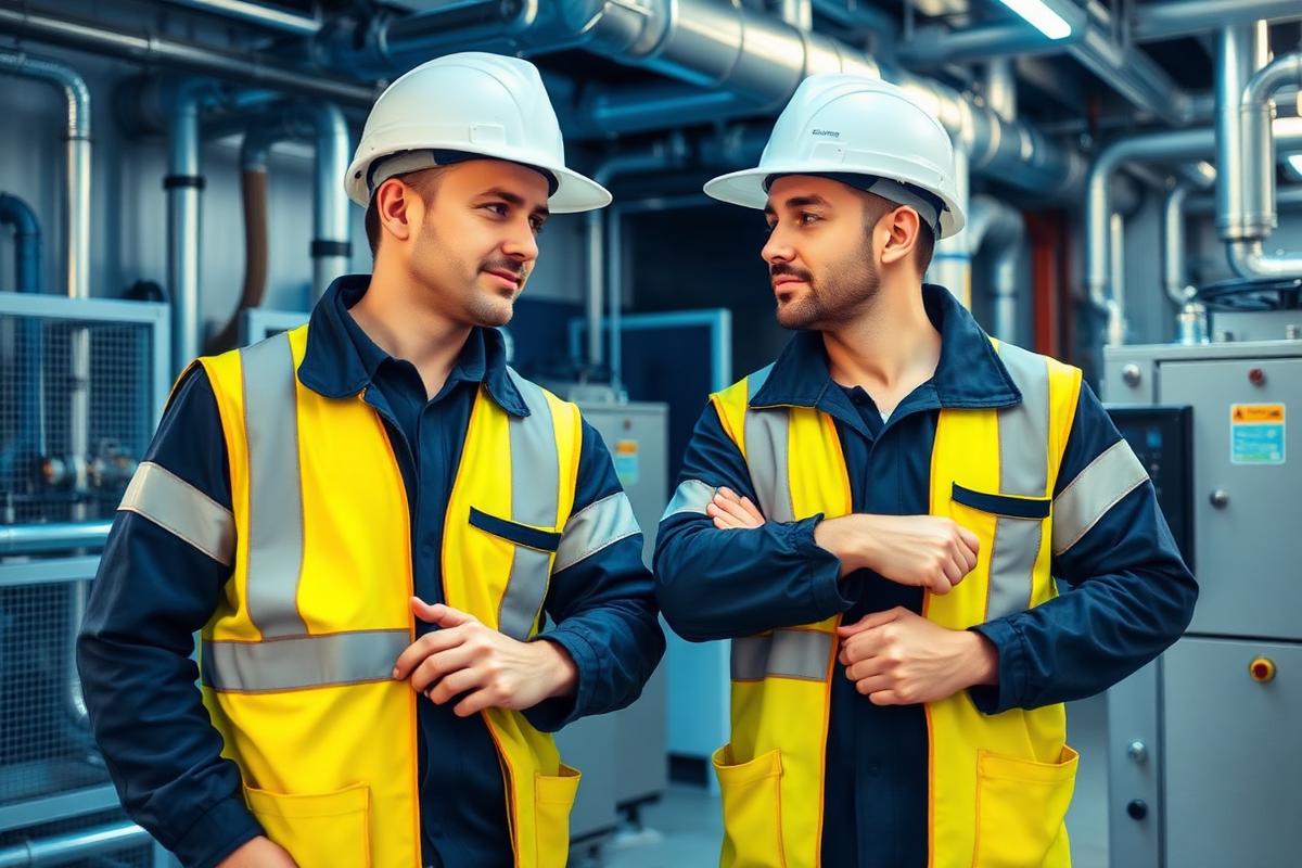 Illustrative image of HVAC technicians working in a mechanical plant room