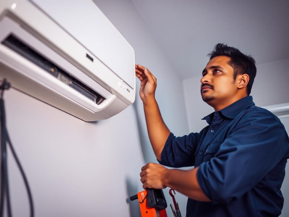 HVAC technician servicing a wall-mounted split air conditioner (illustrative image)