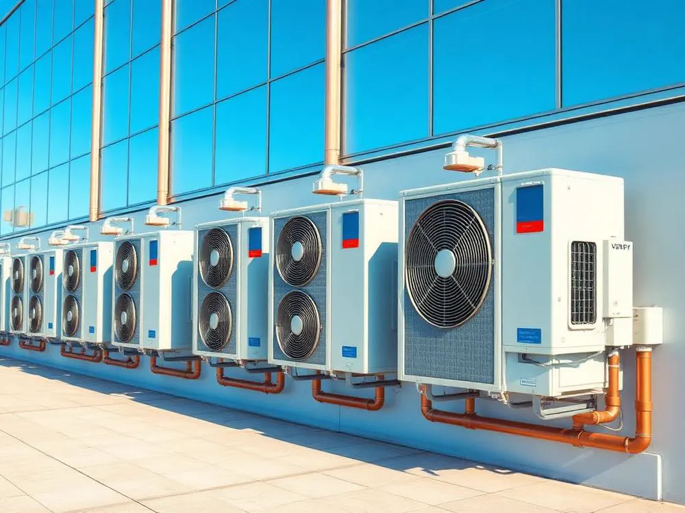 Illustrative image of VRF outdoor condensing units with copper piping on a building exterior